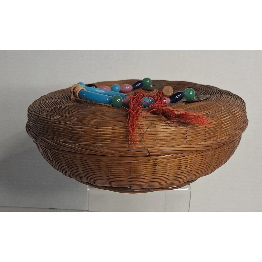 Vtg Chinese Sewing Basket Coins Glass Beads Tassels